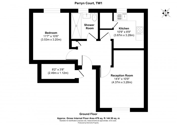 Floorplan for Flat 13, Perryn Court, TW1